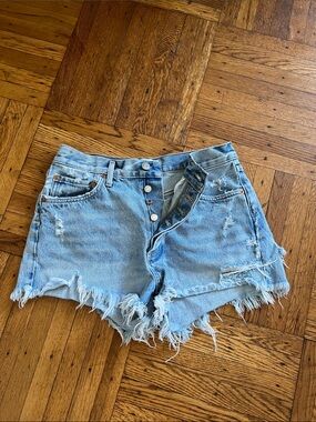 Agolde Light Blue Distressed High-Rise Denim Shorts